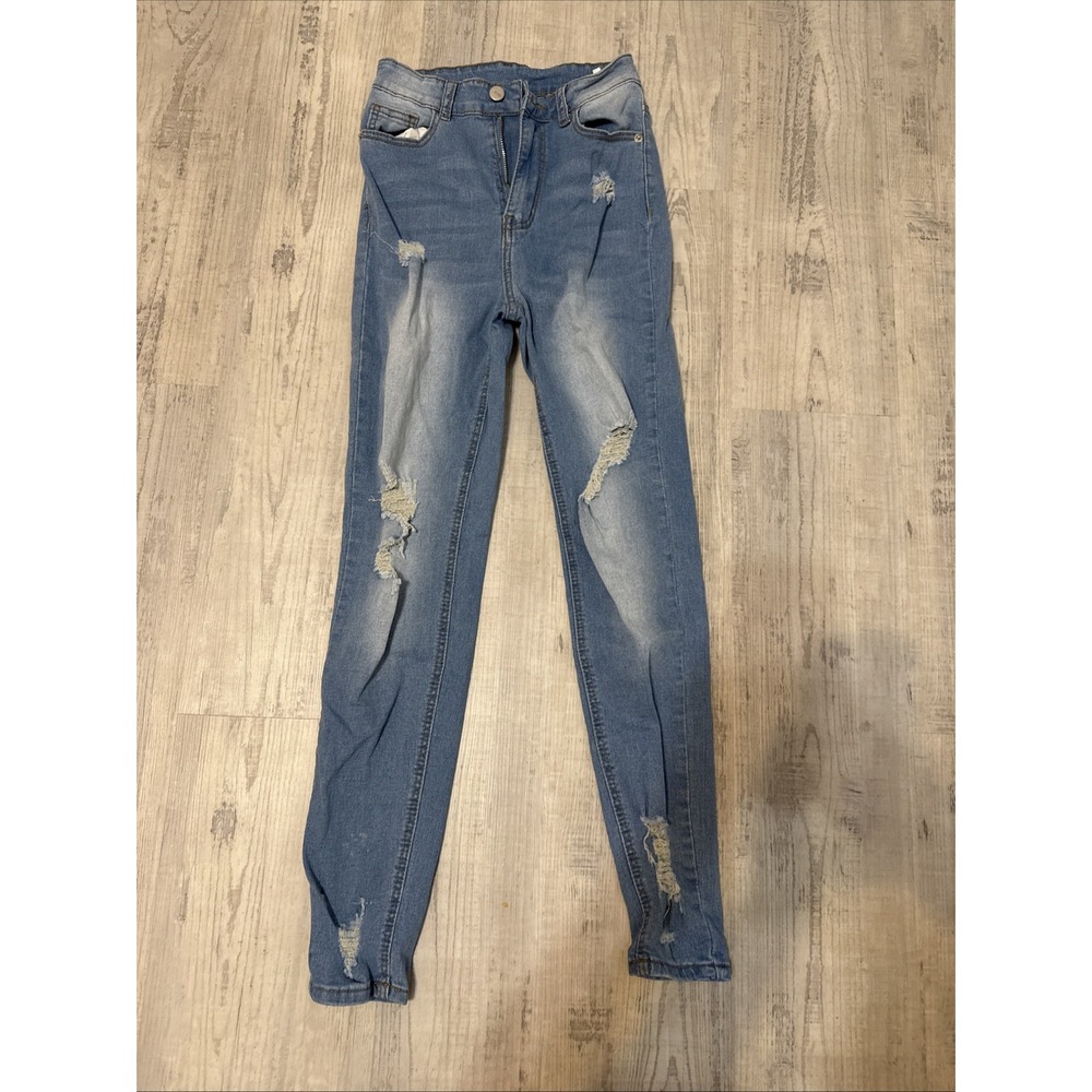 Shein Womens Skinny Stretch Ripped Jeans Light Wash Denim Blue Size XS